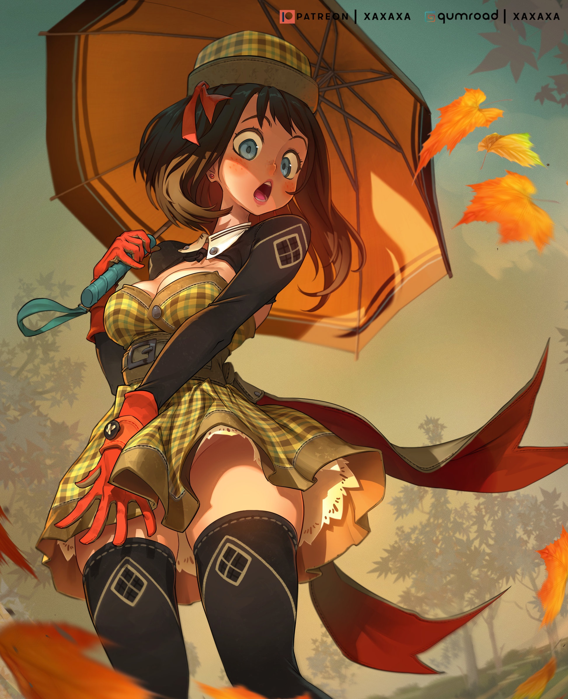 this image is an anime illustration of a young girl with brown hair and wearing a yellow and black plaid skirt and hat. she is holding an orange umbrella above her and is smiling. the umbrella is tilted to one side, and she is standing in a colorful fall scene with leaves around her. she has brown eyes and is wearing white stockings and black boots. she appears to be happy and cheerful, and the image is full of colors and details. the art style is very cute and whimsical, and the image has a lot of energy and movement. it is a beautiful and wellexecuted illustration.