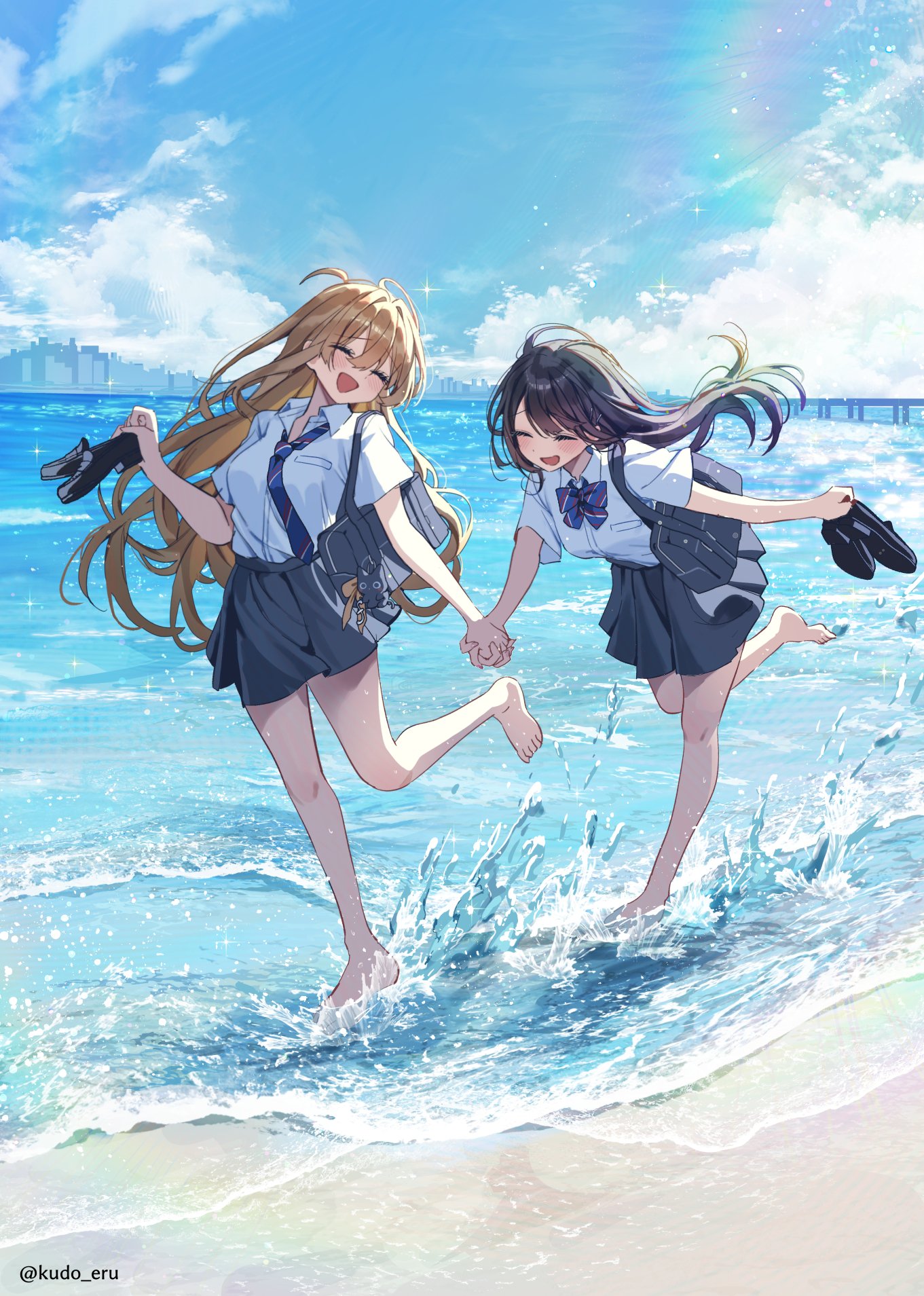 the image is a digital illustration featuring two anime schoolgirls running joyfully along a beach.  they are holding hands, their school uniforms slightly askew from their playful run. one girl has long blonde hair, while the other has long dark hair. the ocean waves are splashing around their feet, adding to the lively summer atmosphere. the sky is clear and bright blue, and the overall aesthetic is cheerful and cute.  the artist's signature, @kudo_eru, is subtly placed in the bottom left corner.