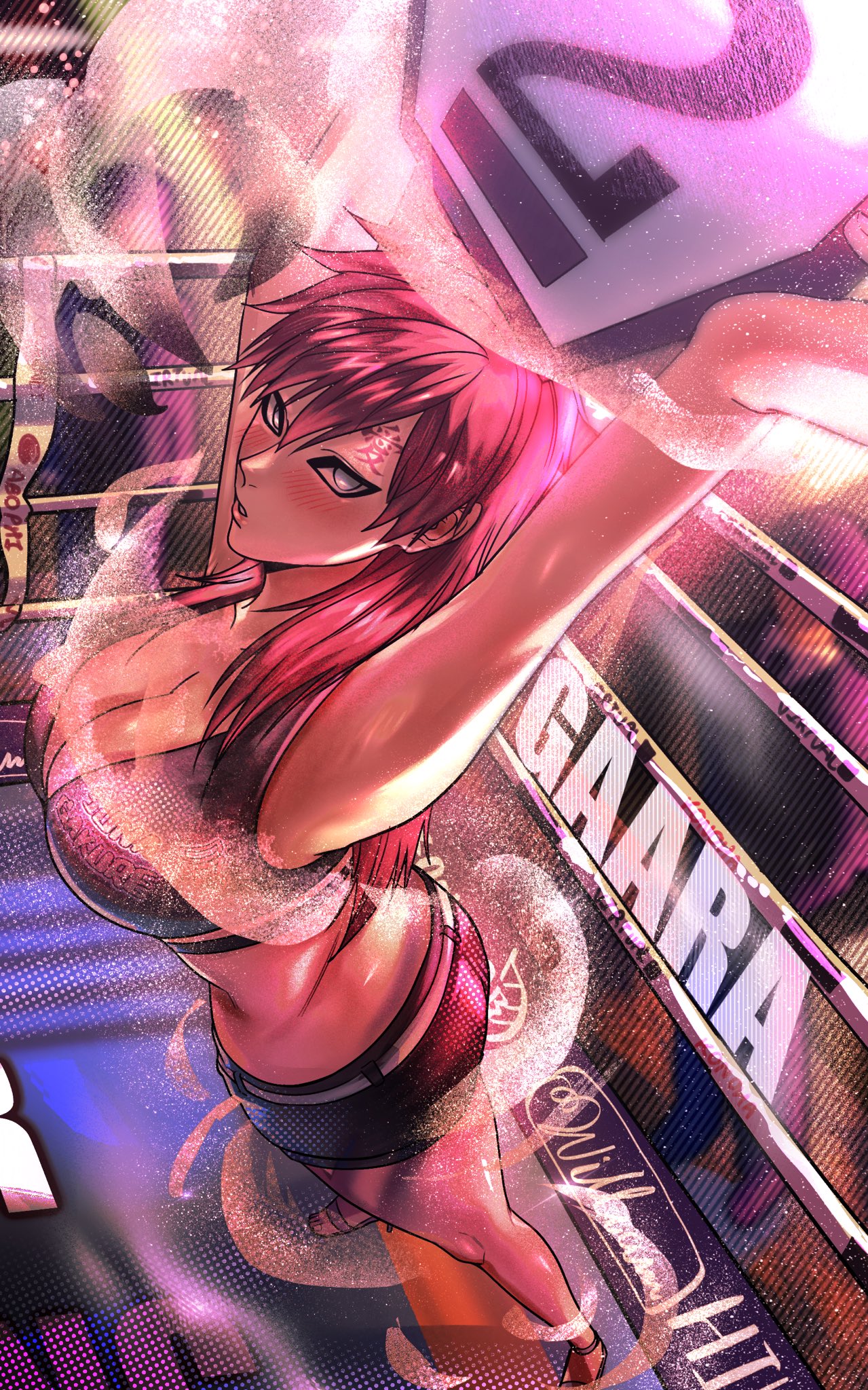 the image is a vibrant, dynamic piece of digital fanart depicting a stylized animestyle female character, possibly inspired by gaara from naruto,  in a boxing ring. she has long, bright pink hair and is wearing a revealing athletic outfit.  she appears victorious, holding up something (possibly a trophy or sign) that is partially obscured by a sparkling, glittering effect. the overall style is suggestive, highlighting her physique and strength. the background features the name "gaara" prominently, along with a sense of motion and energy. the color palette is heavily dominated by pinks and purples, adding to the image's dramatic and passionate atmosphere.