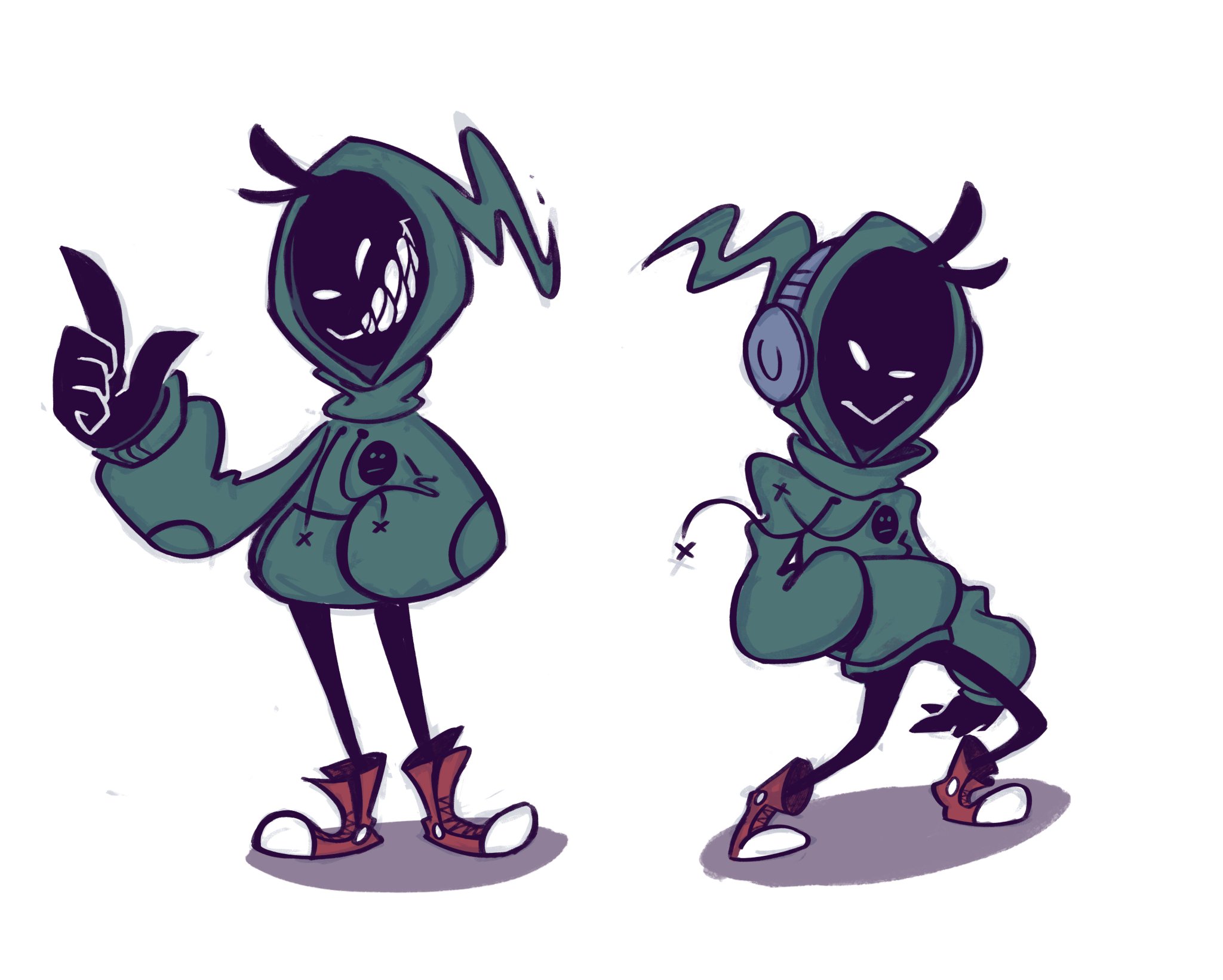 two sketches of the same cartoon character. the figure has dark grey skin, large pointy ears, and a thin tail.  they are wearing a baggy green hoodie, red sneakers, and have a large grin revealing sharp teeth. in the left image, they are standing and pointing with one hand. in the right image, they are hunched over and wearing headphones.