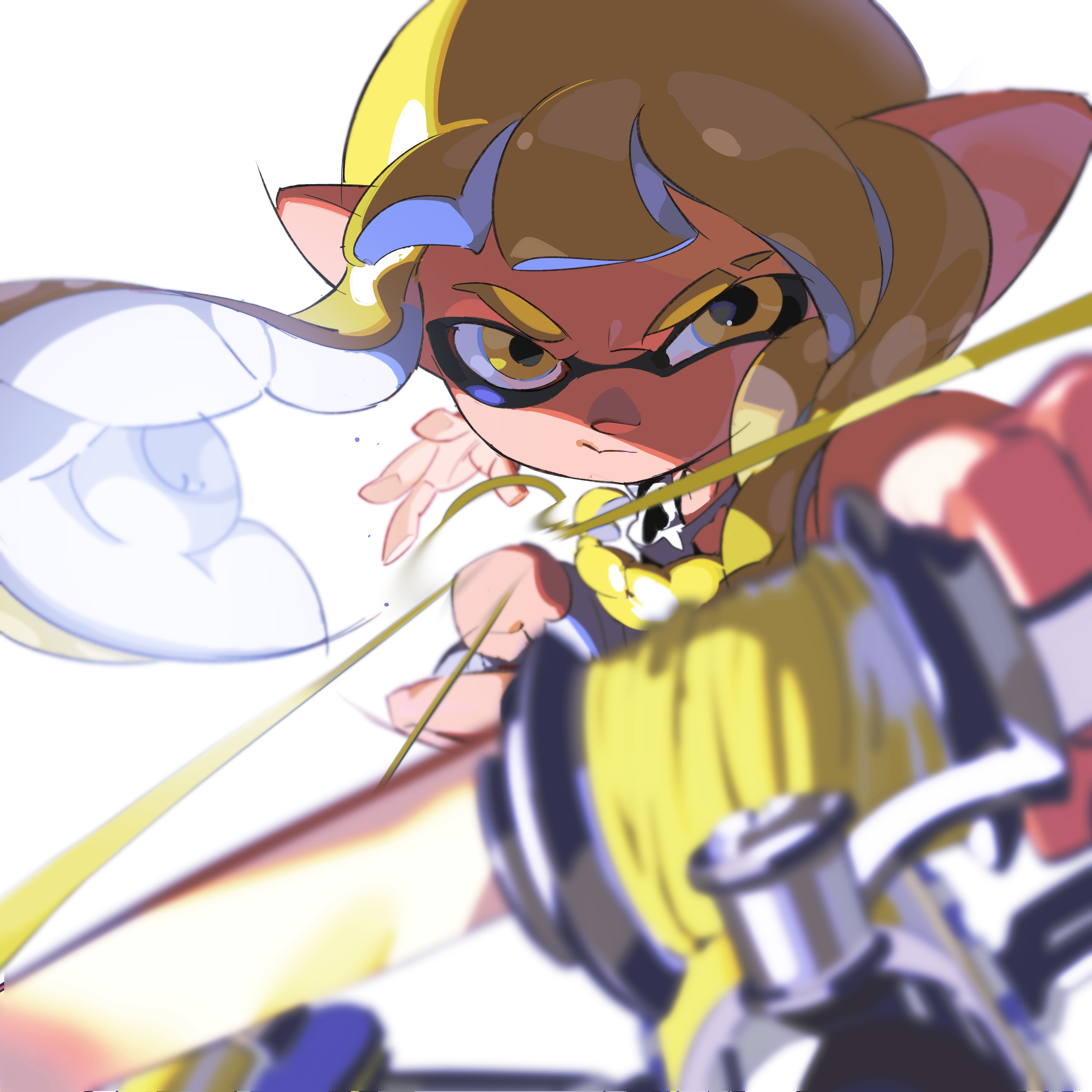 a closeup shot of an animestyled inkling girl from the game splatoon. the inkling is wearing a yellow and blue outfit, wielding a fishing rod, and her face is partially obscured by a yellow and blue line, giving the viewer a sense of speed and action.  the image is done in a cartoonish style, with bold lines and vivid colors.