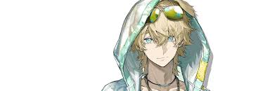 an anime boy with blonde hair and blue eyes wearing a hoodie and sunglasses around his neck.