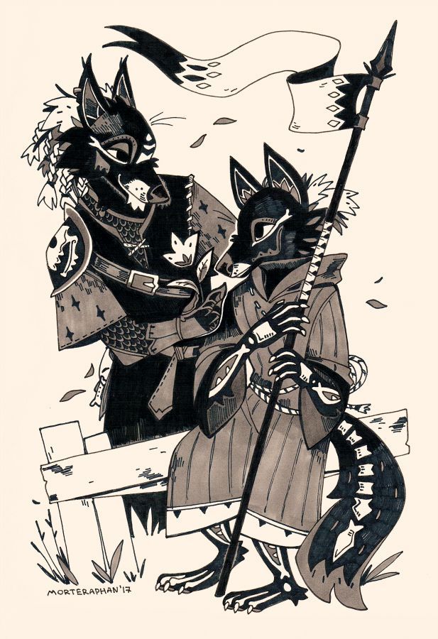 the image depicts two anthropomorphic animals, a wolf and a fox, standing together in a peaceful setting. the wolf, on the left, is clad in armor and holds a flower, while the fox, on the right, is dressed in a cloak and holds a staff with a flag attached. the scene is set in a natural environment with grass, a bench, and a flower. the image is drawn in black and white ink, conveying a sense of fantasy and whimsy.