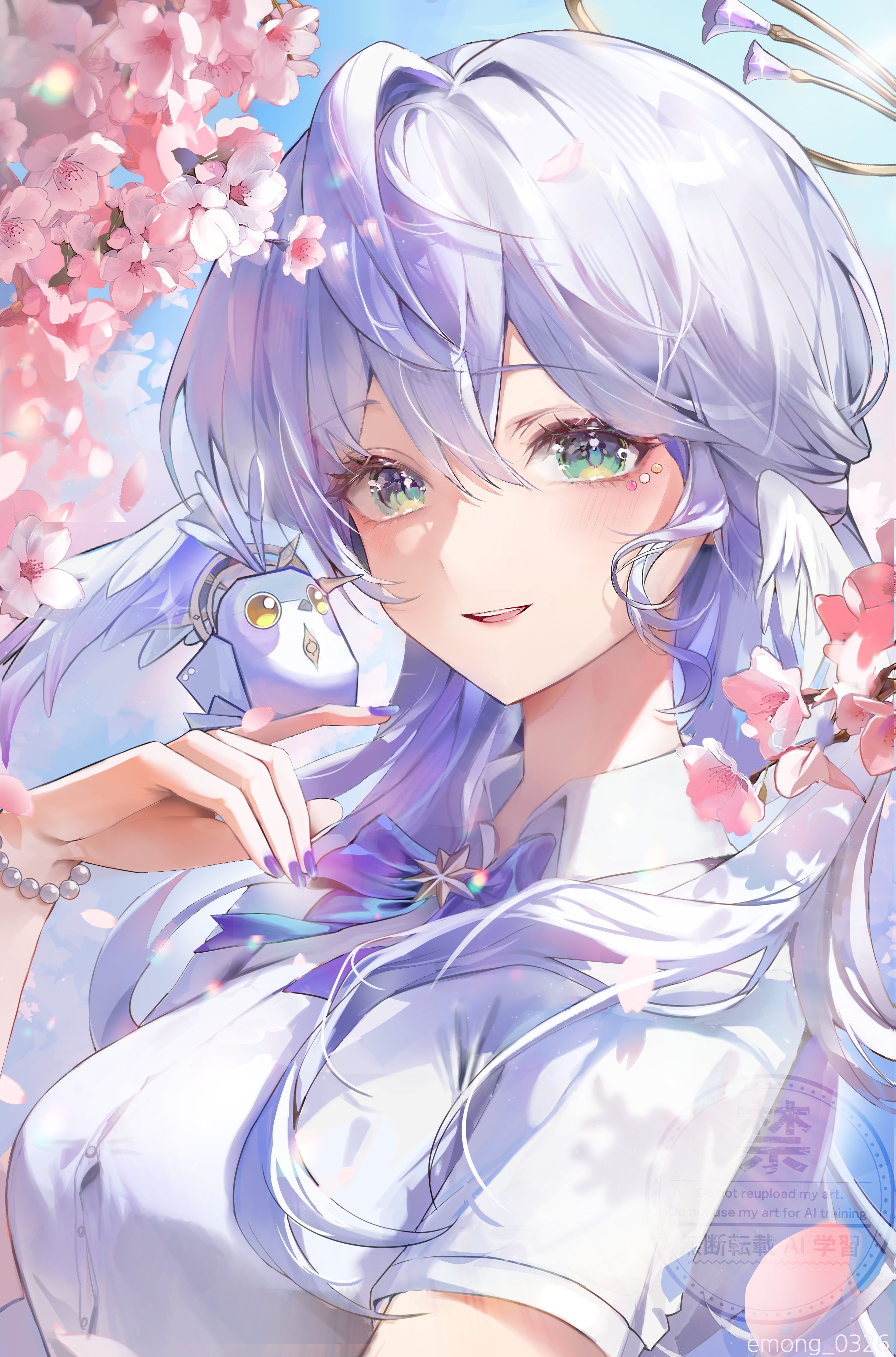 a digital illustration of a girl with long, flowing silver hair. she has a gentle smile and is gazing off to the side. she is framed by pink cherry blossoms. she is wearing a school uniform with a bow and has a small bird perched near her shoulder. the overall aesthetic is cute and ethereal.