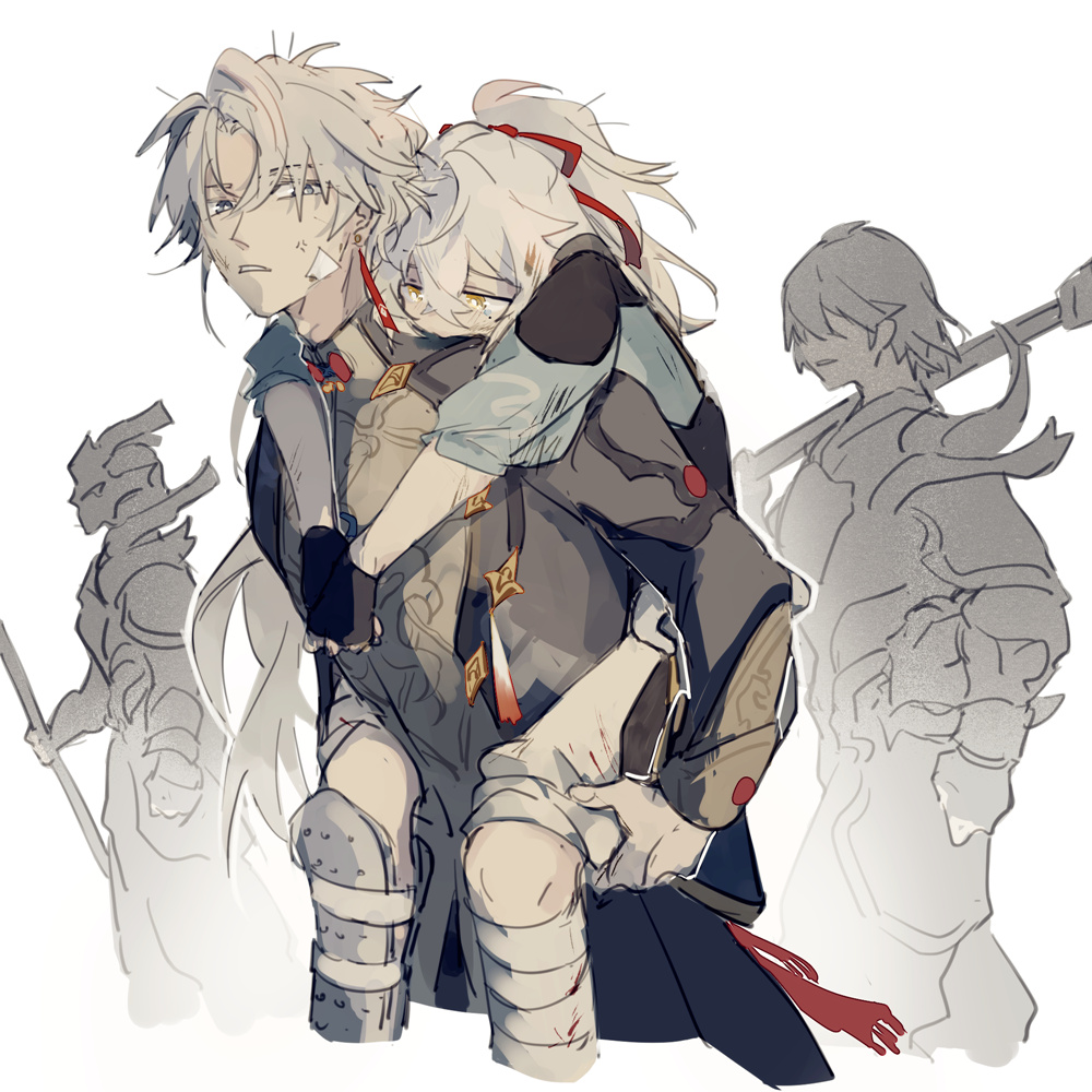 this is a digital illustration of two anime characters, a male and a female, in a fantasy setting. the male character has white hair and is dressed in armor with a cape. he is carrying the female character, who is unconscious and has blonde hair, on his back. the female character appears to be wounded, with blood on her arm. there is a third character in the background, partially obscured, who appears to be a male warrior. the scene appears to be set during or after a battle, as there is evidence of fighting and blood. the image is drawn in a style that is common in anime and manga, with bold lines, bright colors, and exaggerated features.