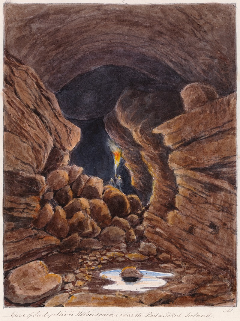 the image is a watercolor painting depicting the interior of a cave. the cave entrance is at the back, with figures holding a light source. in the foreground, there's a pile of rocks and a pool of water reflecting the light. the cave walls are rough and textured, with dark areas creating a sense of depth.