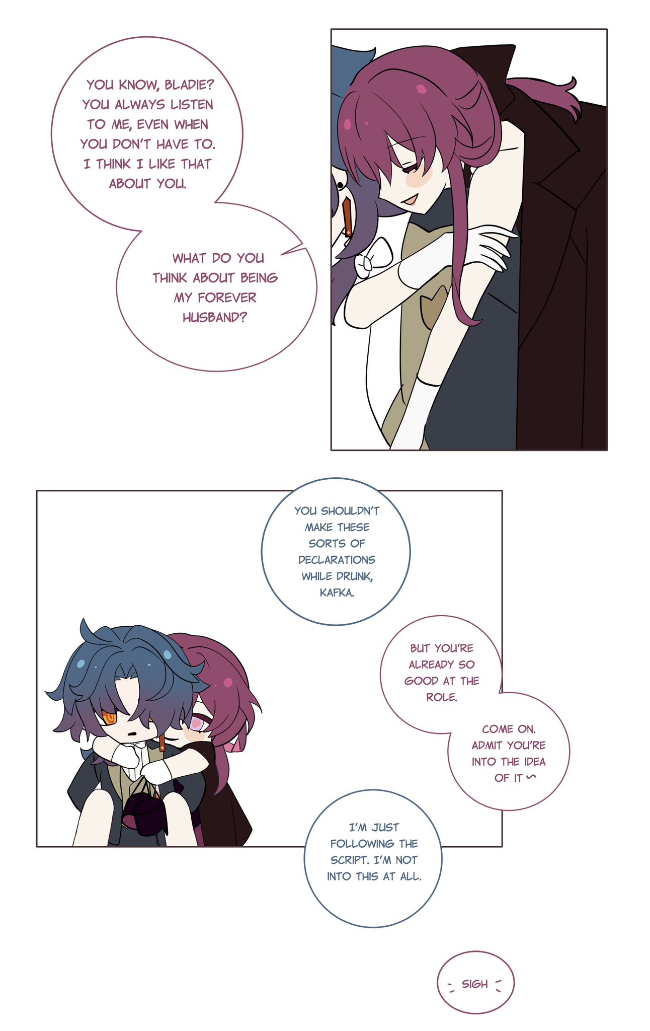 a comic strip depicting two men who are romantically involved. the man with blue hair is confessing his love to the other man, who has pink hair. the panel is filled with speech bubbles containing dialogue, revealing that the two men are in a relationship.  the panels show the man with pink hair being drunk and confessing his love. the man with blue hair is a bit hesitant and is worried that the confession is a result of being drunk.