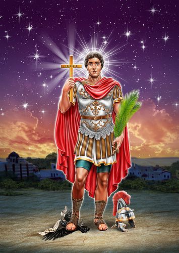 a digitally rendered portrait of saint sebastian stands prominently against a backdrop of a starry night sky. he is depicted as a fairskinned man wearing roman armor over a short, white and gold tunic, and a red cloak draped over his shoulders. in his right hand, he holds a golden cross with the letters "hodie" inscribed on it, while his left hand grasps a vibrant green palm frond. he is surrounded by a halo of light emanating from behind his head. to his right, on the ground, lies a silver roman helmet with a red plume and a discarded bundle of feathers, possibly representing arrows. the background features a distant cityscape silhouetted against a vibrant sky gradient transitioning from orange to purple, suggesting a twilight or dawn setting. stars are scattered across the dark sky. the overall image conveys a sense of religious veneration and martyrdom.