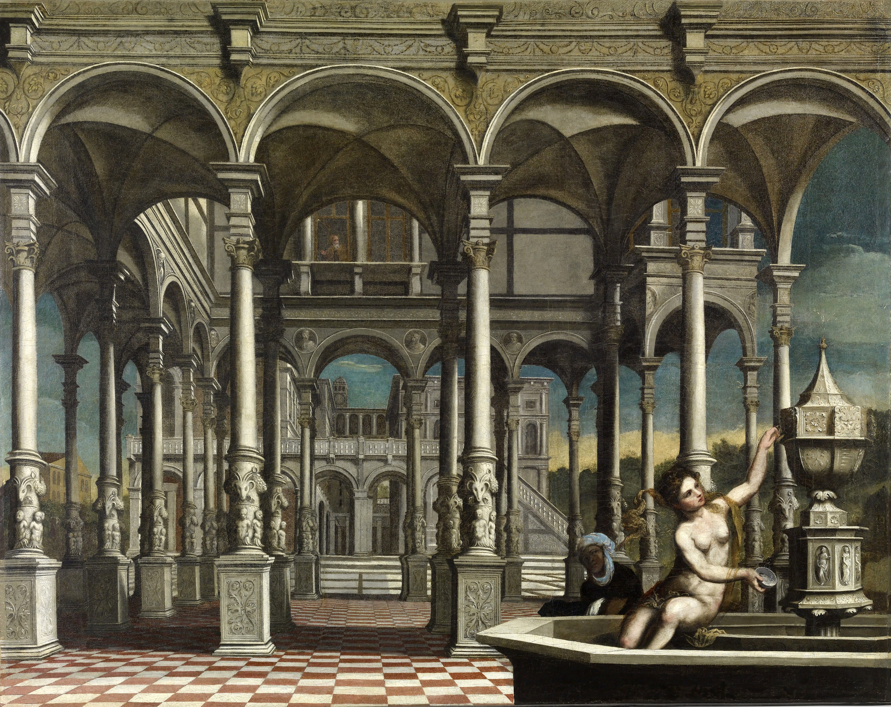 the painting depicts a renaissance courtyard with numerous arches and columns. a nude woman sits in a fountain, with a turbaned man standing behind her. in the background, there is a view of a building with similar architectural elements. the floor is checkered with red and white tiles.