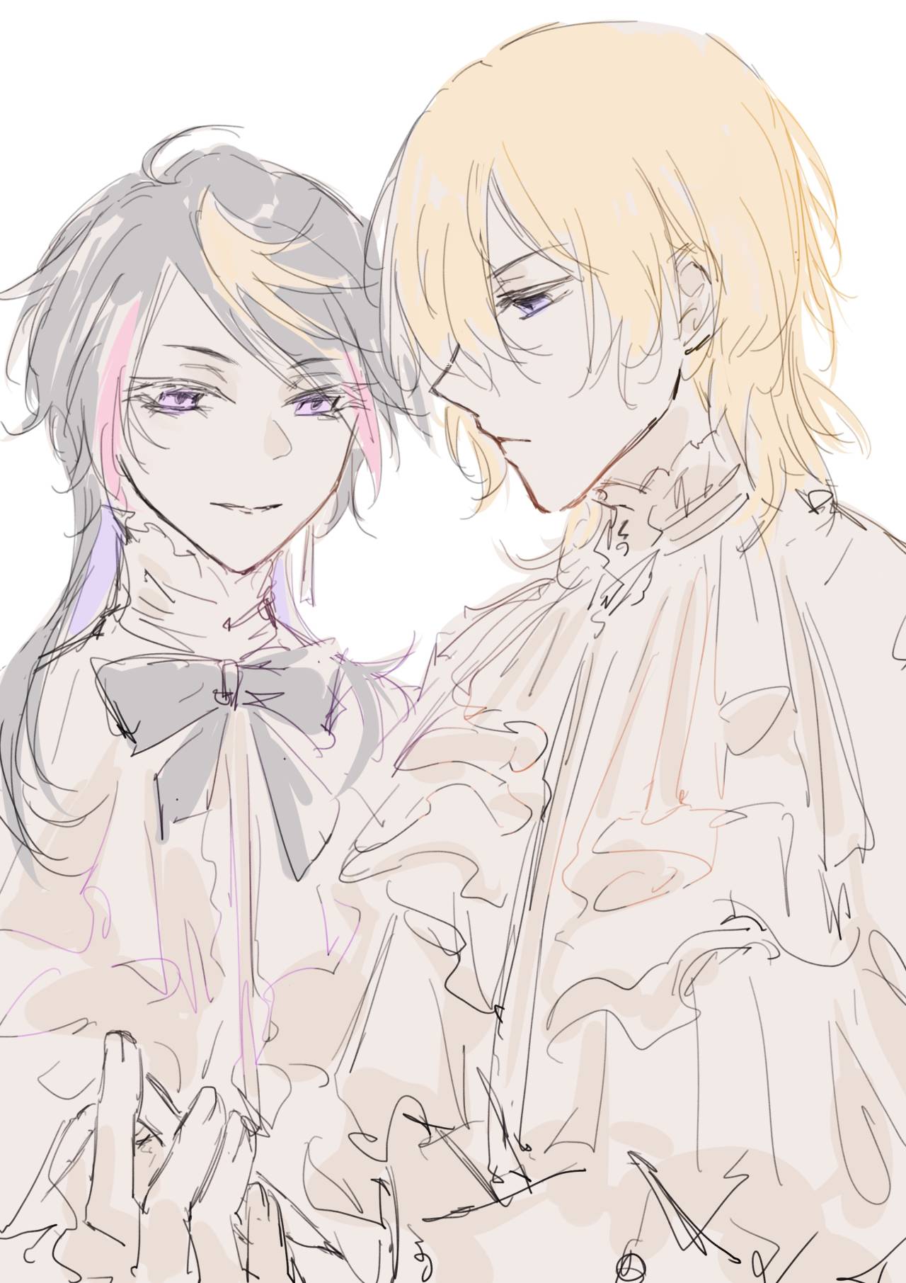 this is a sketch of two animestyled characters, a girl and a boy, drawn with soft, pastel colors. the girl is wearing a white dress with a pink bow and has a delicate, gentle look. the boy is also dressed in white with a  frilled collar and looks down at the girl with a soft expression. they are both in a romantic, gentle pose, creating a sense of intimacy and happiness.