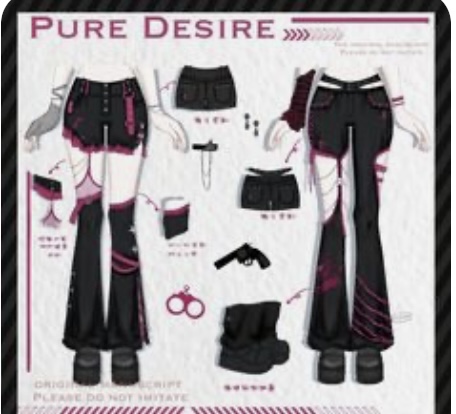 a fashion design illustration featuring two variations of a punkinspired outfit. the outfit consists of black pants with rips and cutouts, a black top or shorts, and various accessories such as a belt with chains, handcuffs, gloves, and platform boots. the color scheme is primarily black and pink, with accents of gray and white. the design is edgy, rebellious, and stylish.