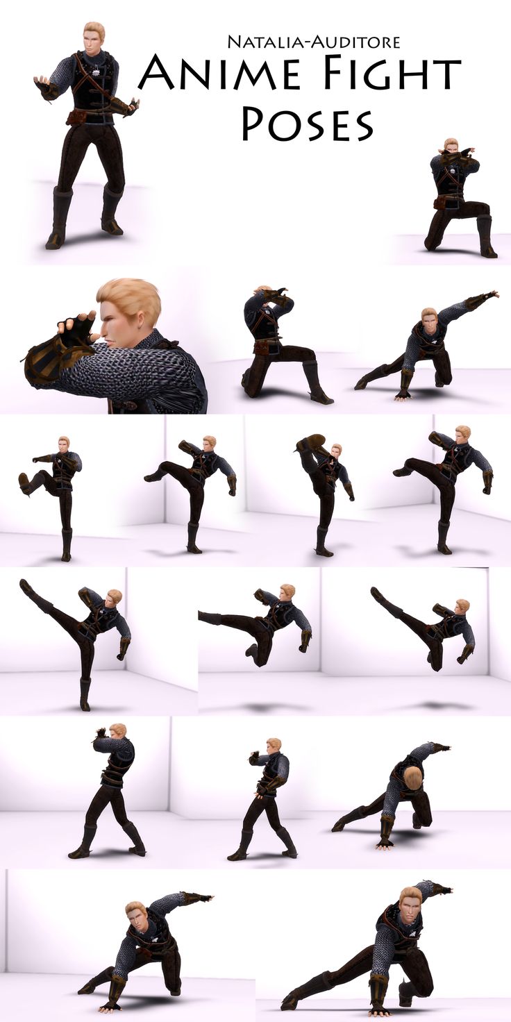 this image is a collection of 15 different anime fighting poses for a male sim character. the poses are dynamic and exciting, capturing the essence of combat. the poses range from striking to blocking to running and jumping. the character is wearing a dark leather tunic and trousers, and carrying a sword and shield. the poses are wellcomposed and clearly demonstrate the character's fighting abilities. the image is perfect for anyone who wants to create an animeinspired fighting character.
