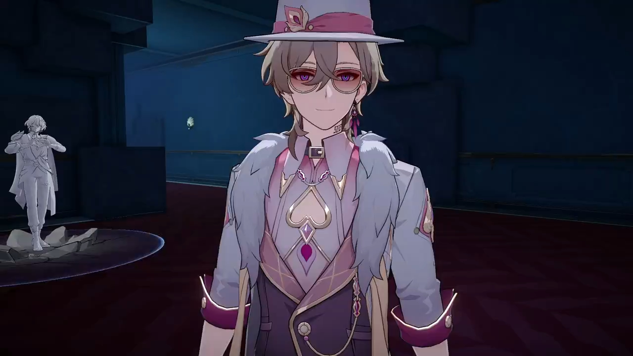 a character from the game genshin impact wearing a hat, glasses, and a fancy outfit is standing in a room with a floor made of purple tiles. the character is facing the camera with their hand on their hip and their feet are slightly apart.  the character is wearing a hat with a pink ribbon and a feather, a white and blue suit jacket with a fluffy collar and purple accents, a pair of glasses, a necklace, and a pink and white scarf.