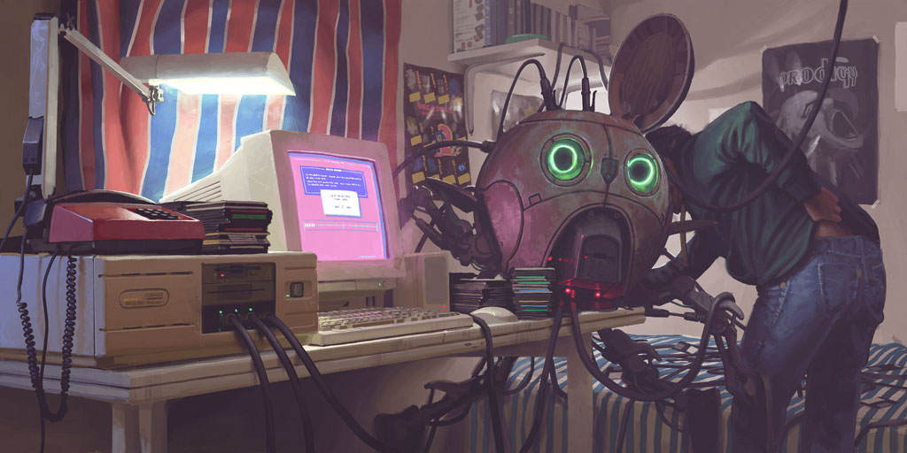 a retro computer with a lamp shining over it is surrounded by an array of wires and cables. in the background, a person leans over a robot, and the robot's large eyes are glowing green. the room is messy and filled with electronics, giving off a vintage scifi vibe.