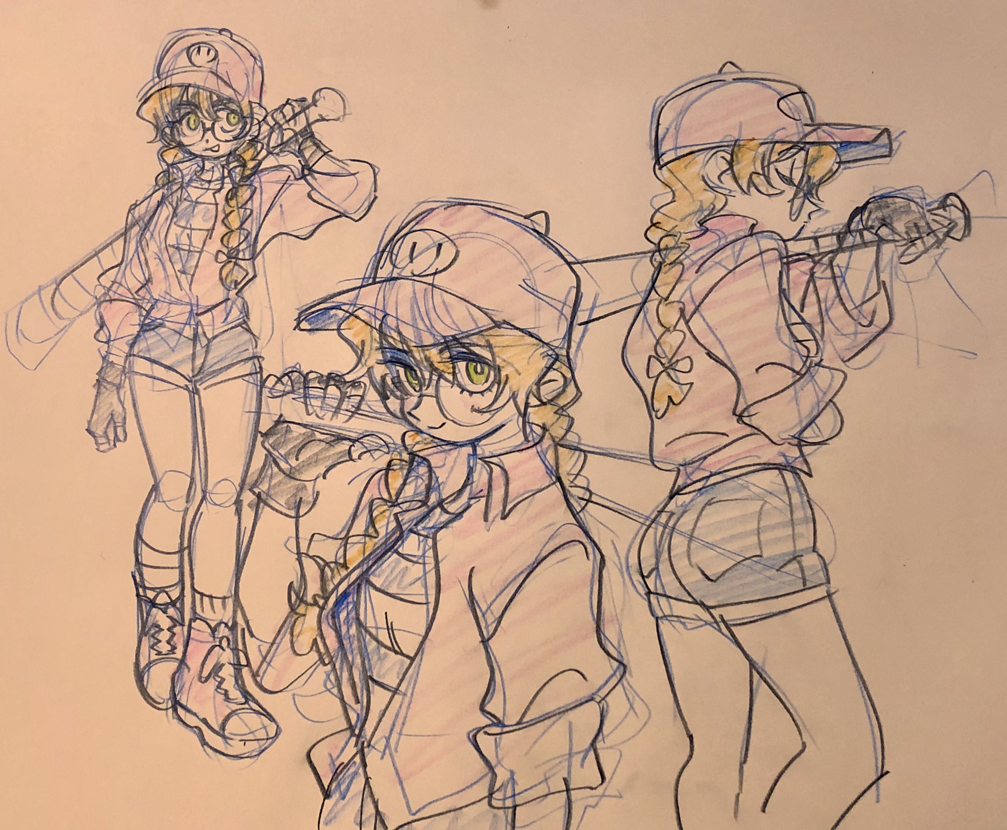 a sketch page with three poses of the same female character drawn from the knees up. she's wearing a backwards baseball cap, an oversized zipup jacket, shorts, and sneakers. she is holding a baseball bat and looking directly at the viewer.