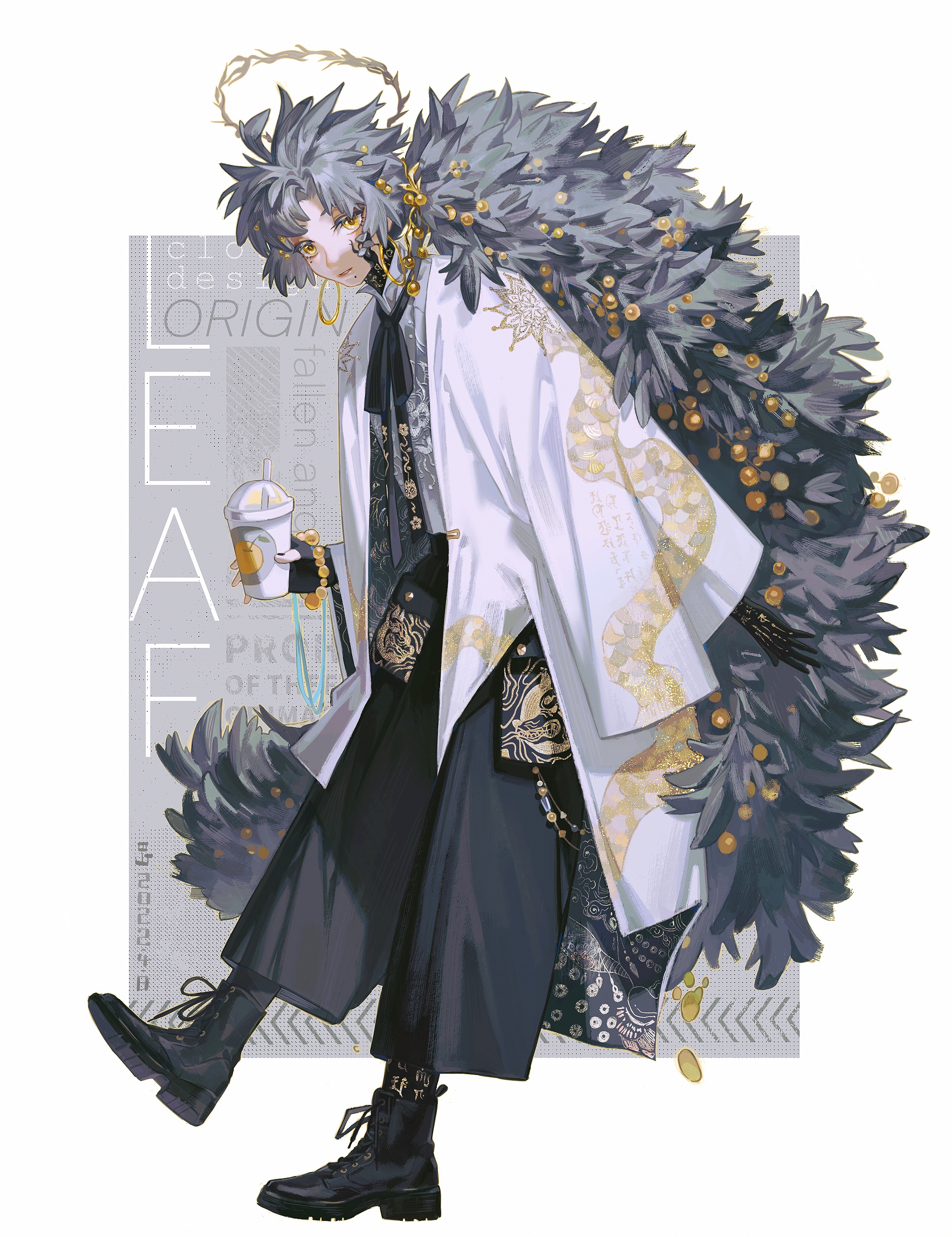 an anime male character with black hair and golden accessories is wearing a white robe with a black leaf patterned belt and black pants. he is holding a drink and is wearing black boots. he is standing in front of a gray background with the word "leaf" written in white letters.
