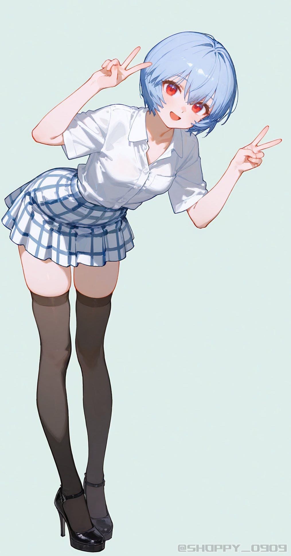 an anime girl with short blue hair and red eyes is posing in a school uniform, giving a peace sign with both hands. she is wearing a white shirt, a blue and white checkered skirt, black stockings, and black high heels.