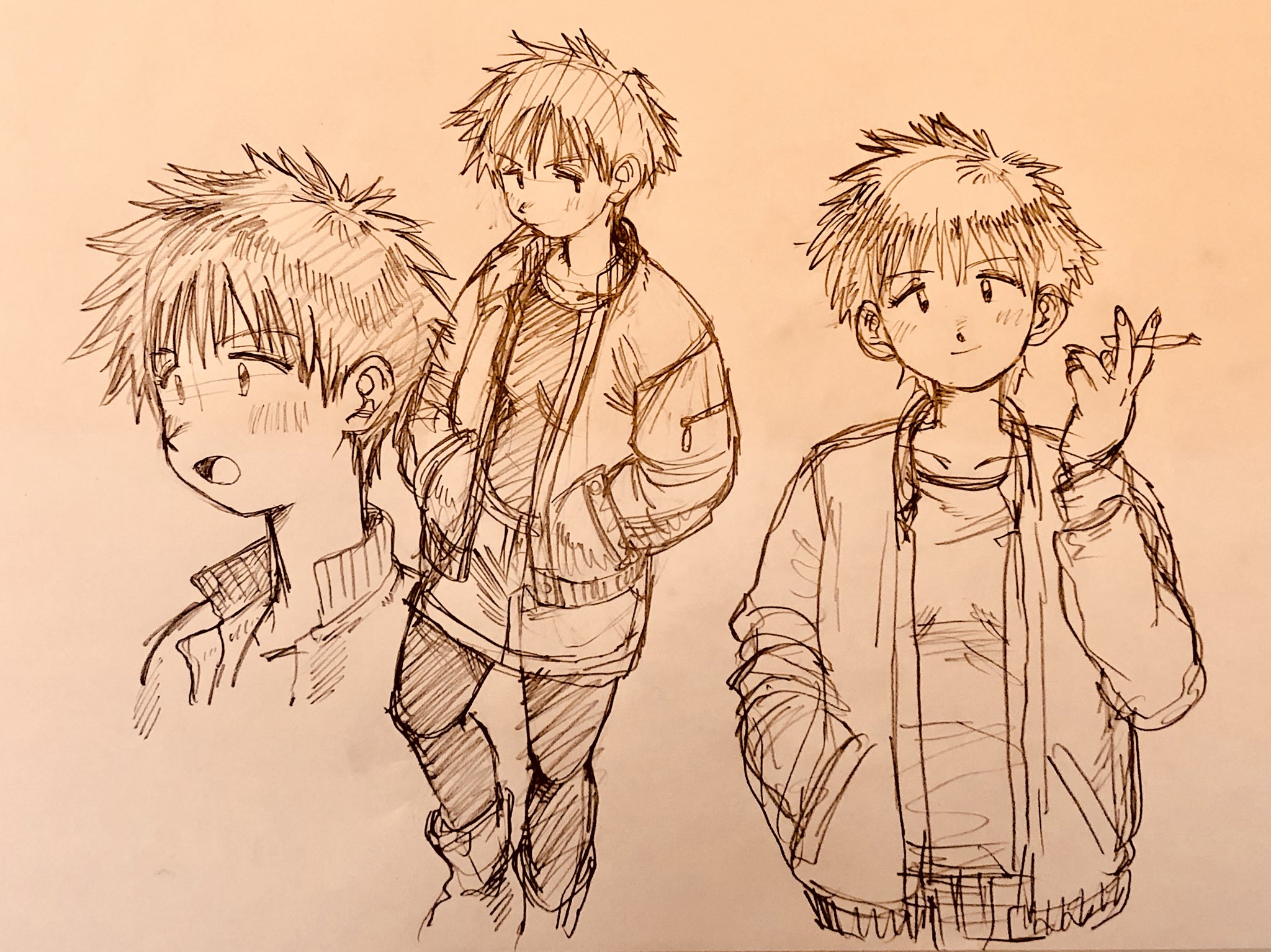 a sepiatoned sketch of a young man in three different poses. he is wearing a jacket and pants, and has spiky hair. in one of the poses, he is smoking a cigarette. the style of the drawing is reminiscent of japanese manga or anime.