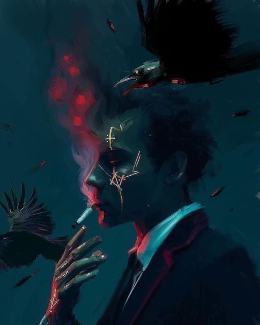 the image portrays a man in a sharp suit, shrouded in shadow with his face partially obscured by smoke from the cigarette he holds. his profile is illuminated, revealing intricate golden markings on his skin.  two black crows, wings outstretched, circle above him against a deep blue background. the scene has a mystical, slightly unsettling aura. red, glowing particles drift upwards, adding to the enigmatic atmosphere.