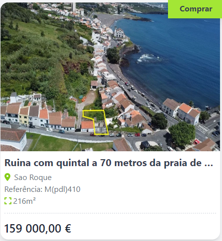this is a real estate listing for a property in sao roque, portugal. the property is a ruin with a backyard and is located 70 meters from the beach. the listing price is 159,000 euros. the property is 216 square meters. an aerial view shows the property and surrounding area. the image is split between the top half that shows the aerial view and the bottom half that shows details of the property like price, address, and size.