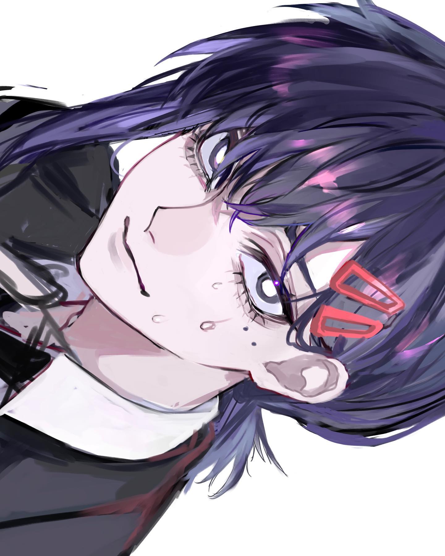 the image is a digital drawing or painting of an animestyle female character.  she has dark purple hair styled with bangs that partially obscure her forehead.  her expression is intense, a mix of a smirk and a serious gaze, enhanced by expressive eyes and slight facial detailing. she wears dark clothing, including a collared garment, and what seems to be red accessories or perhaps a pair of glasses with red details, at the sides of her face. her head is tilted, offering a closeup, slightly sideprofile view. the art style is fairly loose and painterly, not overly detailed but still conveying a strong sense of character and mood.  the background is plain white.