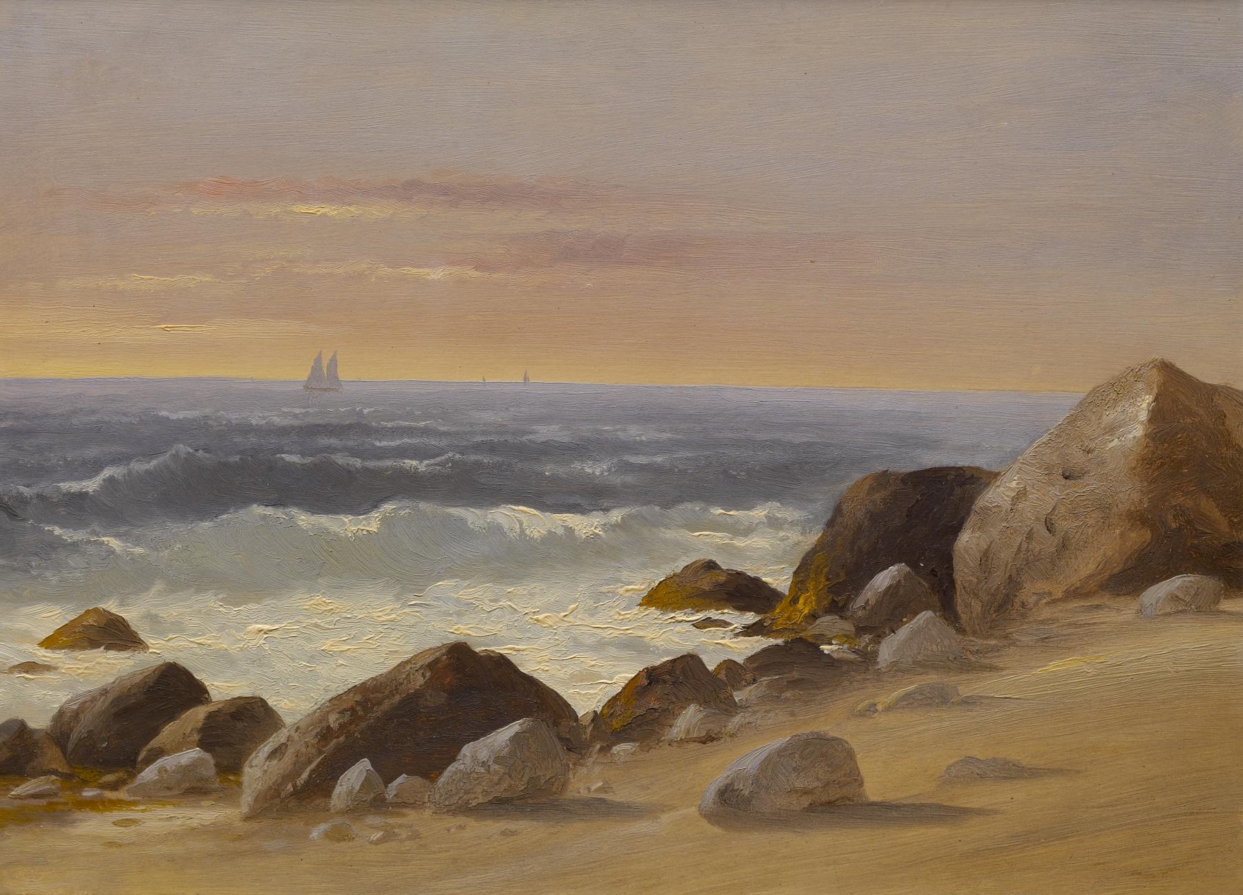 a painting of a rocky shoreline with waves crashing against the rocks. in the distance, there are sailboats on the ocean under a sunset sky. the sand is visible in the foreground.