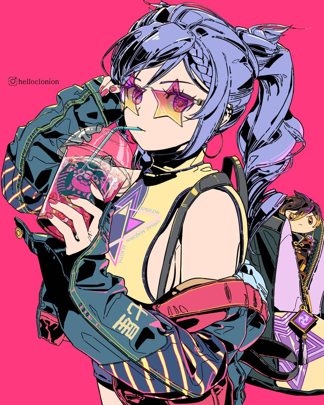 the image is a vibrant digital illustration of an animestyle girl with purple hair in a ponytail. she's depicted in a cyberpunk aesthetic, wearing a trendy outfit that combines casual streetwear with futuristic elements.  she has starshaped sunglasses, and a large backpack, and she's holding a starbuckslike drink. the overall style is bold, featuring bright neon colors and strong graphic lines, common in contemporary anime and mangainspired art. the background is a solid pink, which accentuates the colors of the character and her clothing. another smaller anime character can be seen partially obscured in the background.  the art style suggests a strong influence from modern graphic design trends.