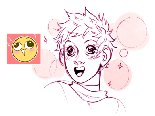 a digital sketch of a young man with short, spiky hair and sparkling eyes. he has a large smile and rosy cheeks, conveying a sense of happiness and excitement. surrounding him are pink, softly drawn bubbles, enhancing the overall cheerful and lighthearted tone. the style is reminiscent of anime or manga, with exaggerated features and expressive emotions.