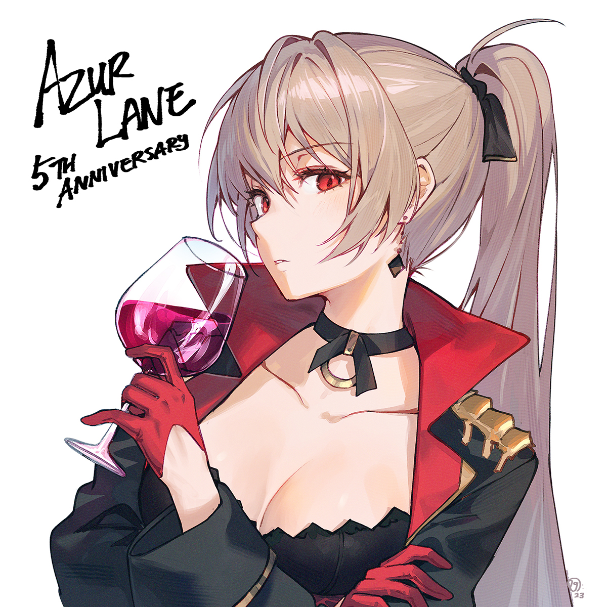 an animestyle illustration of a woman with long blonde hair tied in a ponytail, wearing a black and red outfit with a choker, is holding a wine glass filled with red liquid. the text "azur lane 5th anniversary" is written on the top left corner of the image.