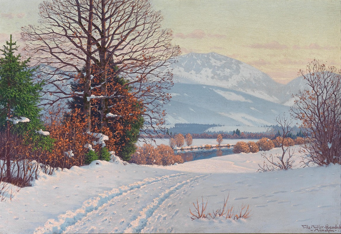 the image is a painting depicting a winter landscape with snowcovered ground, mountains in the background, and various trees. there is a path or tracks in the snow leading towards the mountains. a river meanders through the scene. the colors suggest a sunrise or sunset. the painting is by fritz müllerlandeck, munich.