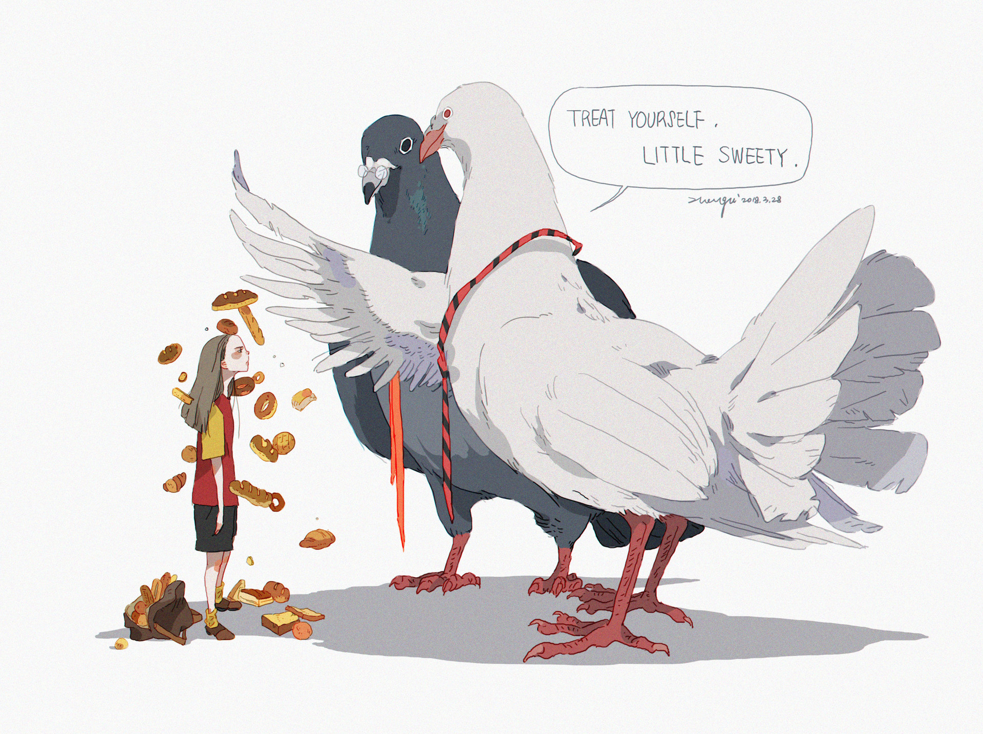 a girl in a red shirt with a black collar stands with her arms by her side. she has brown hair that is down and dark brown eyes.  she's looking at the two birds standing in front of her. there are little bread pieces falling around her as if they were falling out of the birds' mouths. the bird behind the other is white with red legs and red and black around its neck. the bird in front is gray with black and red on its neck and red on its tail feathers. it's looking to the side as if it's thinking. above them, is a speech bubble that says "treat yourself, little sweety".