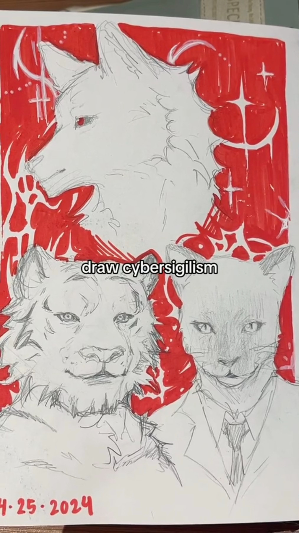 a traditional sketch of 3 characters on white paper. the first character is a wolflike creature with its head turned to the side, the second is a similar wolflike creature facing forward, and the third is a person with a catlike face also facing forward. all three have simple suits drawn on and are framed by abstract patterns. the background is filled with red marker.