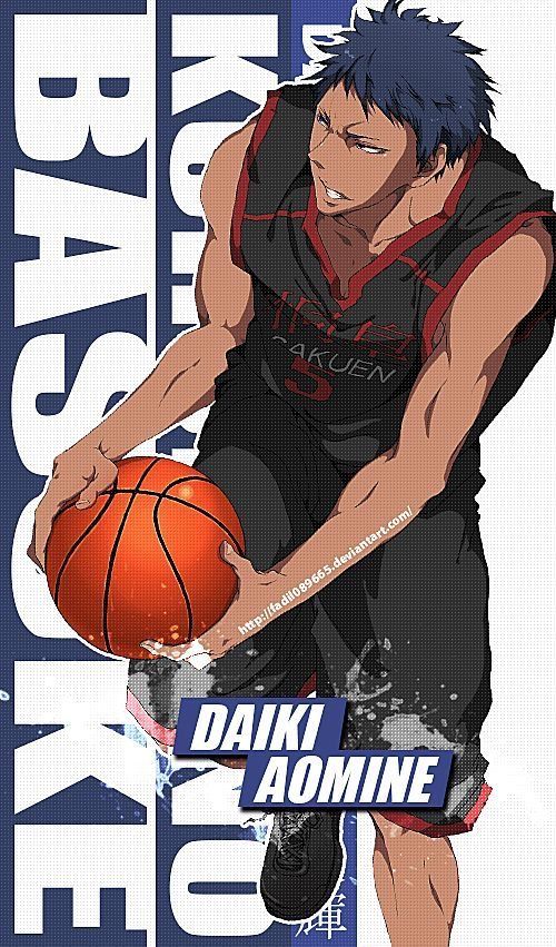 this image features the anime character aomine daiki from the series "kuroko no basket". he is a tall and muscular basketball player wearing a black jersey with red accents and a white number "5" on the chest.  he's dribbling a basketball in his right hand while wearing black shoes with white accents. he's seen with a determined expression as he stands on a basketball court, ready to play. the background features the words "kise" and "aomine" in large letters, with the text "daiki" in white letters positioned prominently on the image.