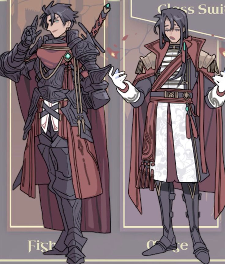 he image showcases two distinct character designs, seemingly from a fantasy game or anime. on the left, a character is depicted in full plate armor with a red cape, holding a sword. the armor is dark, with hints of gold and purple accents, and the cape is a deep crimson. his expression is one of slight amusement. on the right, a character is shown in a more ornate and flowing outfit, reminiscent of a mage or highranking official. he dons a long, red cape over a white robe decorated with intricate designs, and his pose is slightly more relaxed than that of the armored character. the background features a palecolored border indicating that these are class suits. the name "fish" is seen at the bottom left, and "mage" partially visible at the bottom right, suggesting the class names for each character. the style is clean, with a focus on detail in both costume and character.