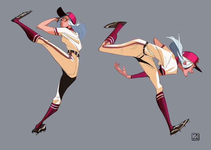 the image showcases two dynamic sketches of a female baseball pitcher in midthrow. the illustrations emphasize stylized anatomy and exaggerated posing to convey a sense of motion and energy. she wears a baseball uniform with red and maroon accents. the background is a neutral gray, keeping the focus on the figure and movement.