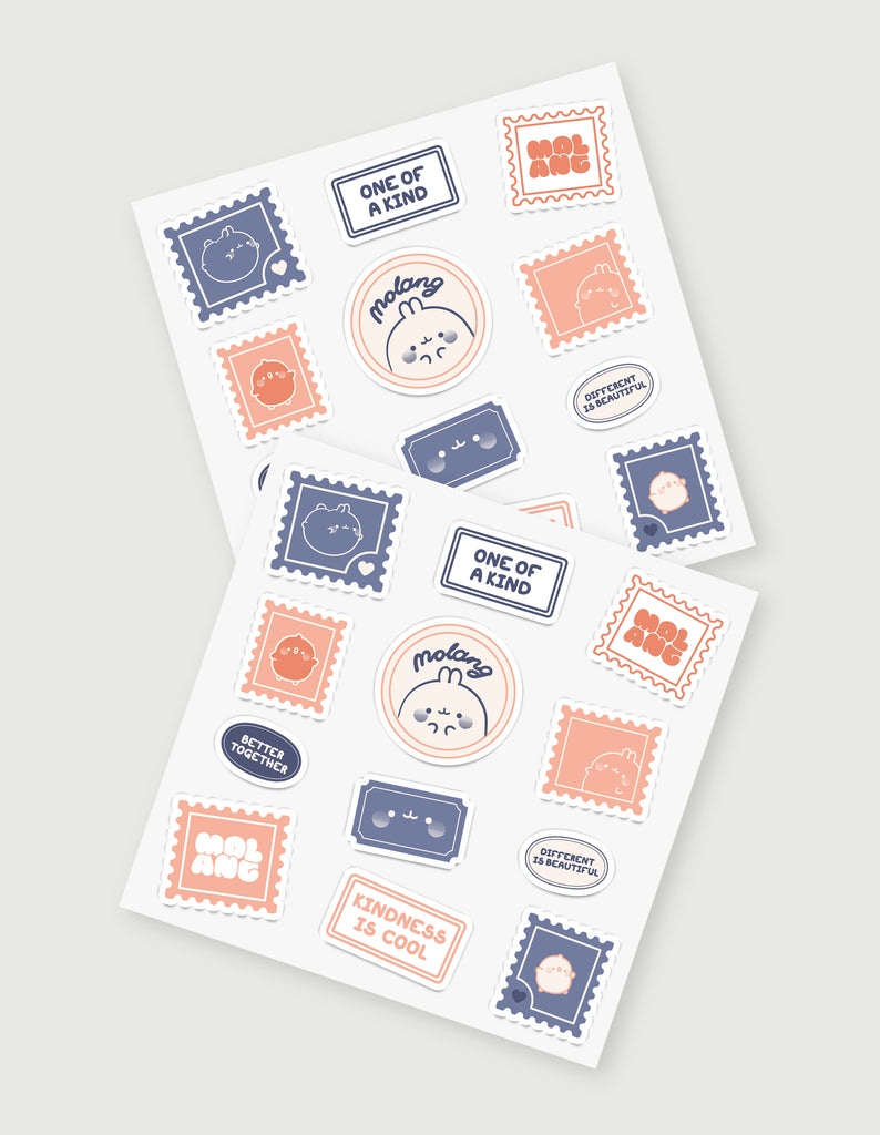 the image shows two sticker sheets featuring the popular character molang.  each sheet contains multiple stickers in pastel pink and blue colors. the stickers are designed like postage stamps and feature various molangrelated imagery and text including "molang," "one of a kind," "kindness is cool," and "different is beautiful," among other phrases.  the stickers are arranged in a visually appealing layout. the overall aesthetic is cute and charming, appealing to a younger audience or those who enjoy kawaii stationery.