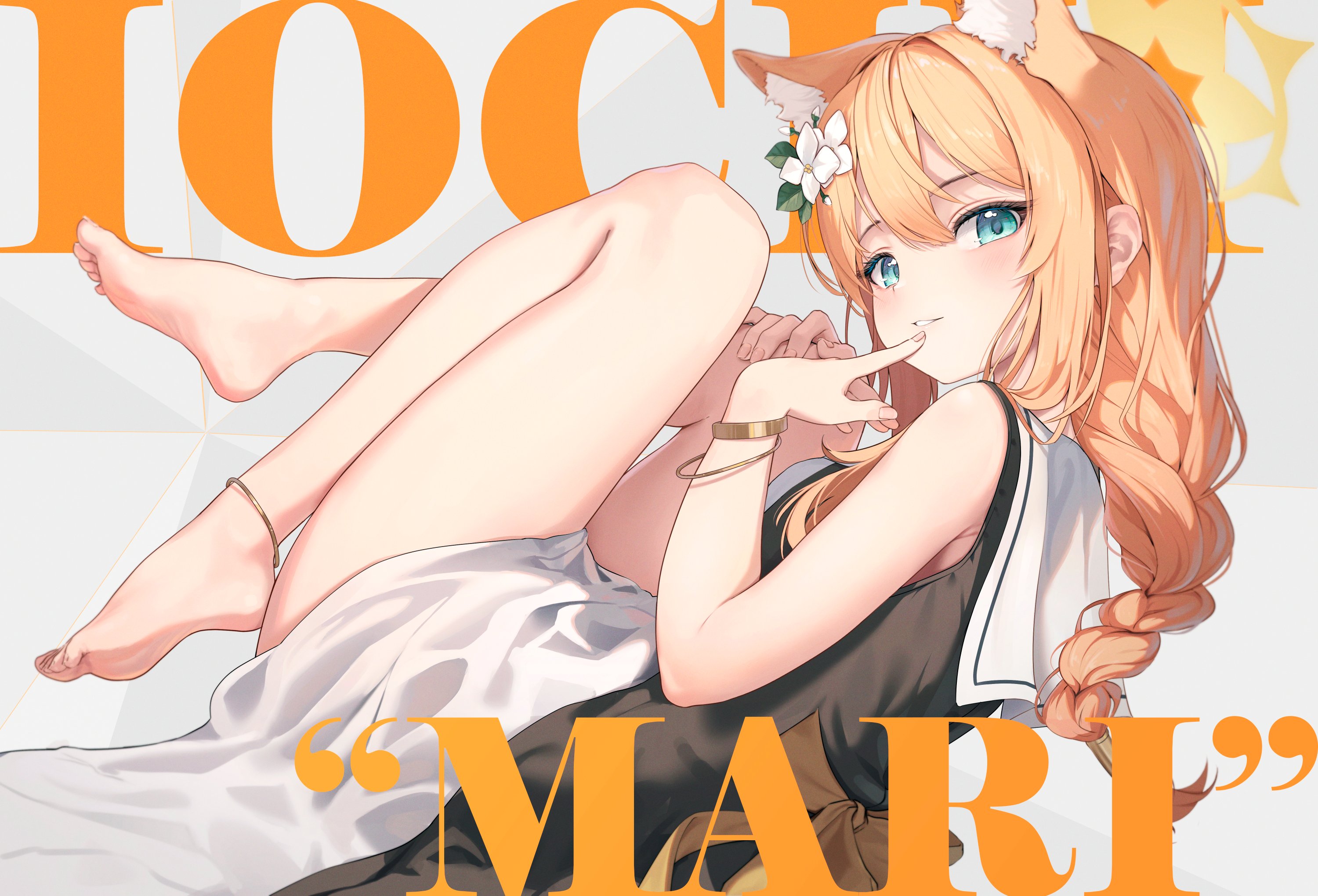 an anime girl with orange hair and cat ears is lying down, wearing a white dress and black top. she has a flower crown and jewelry. the background includes orange text that says "mari".