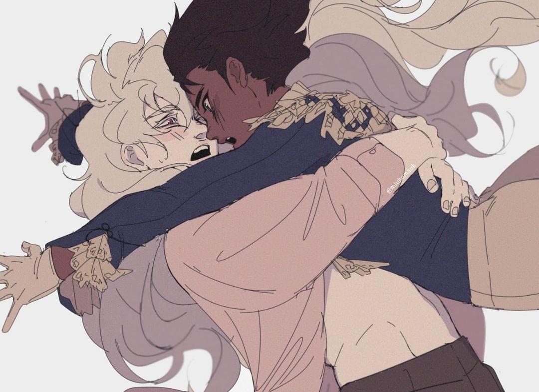 the image is a digital illustration of two anime characters, a male and a female, embracing each other in a passionate hug. the male character, with dark hair and a darker skin tone, is seen holding the female character, who has long white hair, close to him. the female character's expression is one of surprise or distress, while the male character's expression is more intense and focused. the background is a simple white with gray and pink tones.  they are both wearing clothes of different styles. the male character is wearing a blue and black outfit, while the female character is wearing a white and pink outfit. the image overall depicts a sense of passionate and intense romance.