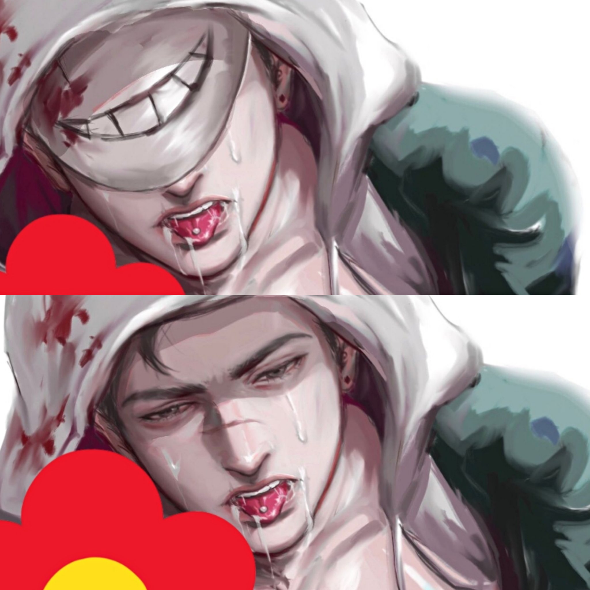 this is a drawing of an anime man with his face covered in blood, tears, and sweat. he is crying and has a tongue sticking out of his open mouth. he is wearing a white hoodie and a green jacket. there are two red flower shapes, one at the top and one at the bottom.