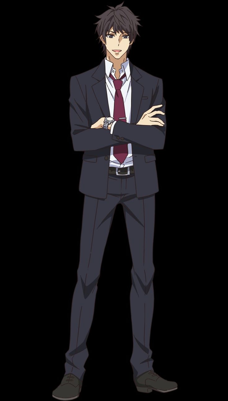 an anime character wearing a black suit, white shirt and a red tie. he's got his arms crossed over his chest, and he's looking towards the right side of the frame. he's wearing a watch on his left wrist, and his expression is serious.