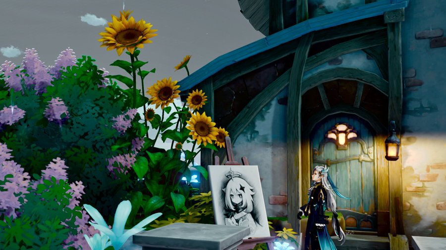 screenshot from the video game genshin impact.  the image shows a whimsical outdoor scene featuring a small house with a teal door and lantern.  near the house is a garden with sunflowers and lilac bushes. an easel holds a charcoal sketch of klee, a character from the game. another character, dressed in dark clothing with teal accents, stands observing the artwork.  the overall style is vibrant and fantastical, suggestive of anime or manga.  the background suggests a slightly overcast day.
