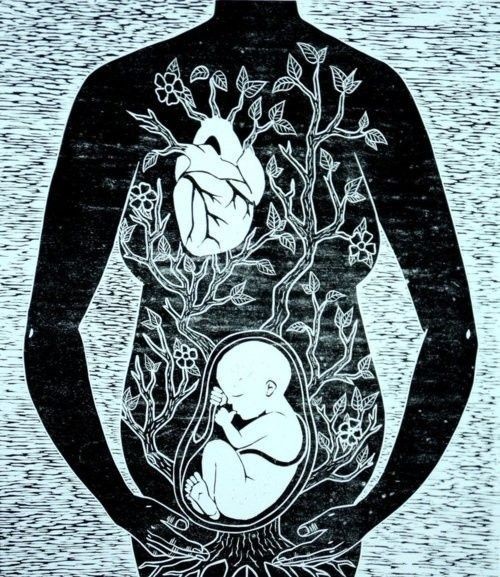 the image is a black and white illustration of a pregnant woman. her body is silhouetted against a background of swirling lines. inside of her, a tree grows, its branches reaching up to her chest. the tree is in bloom and has a heart at its base. in the woman's womb, a baby lies curled up, its head resting on its hands.