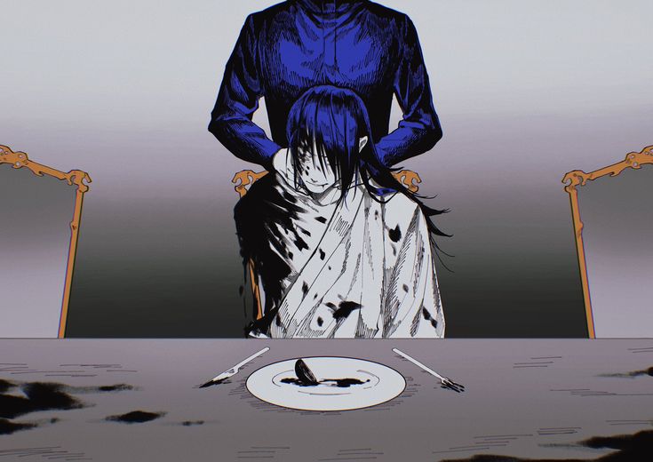 the image is an animestyle illustration featuring a dark and ominous scene. a male character with long black hair is seated at a dinner table. his appearance is disheveled and there are dark stains on his white robe. behind him stands another male figure wearing a dark blue shirt, his hands resting on the seated character's shoulders. on the table, there is a plate with a dark substance and utensils. the illustration style is reminiscent of manga, and the overall tone suggests violence or trauma. the characters are suguru geto and kenjaku from jujutsu kaisen.