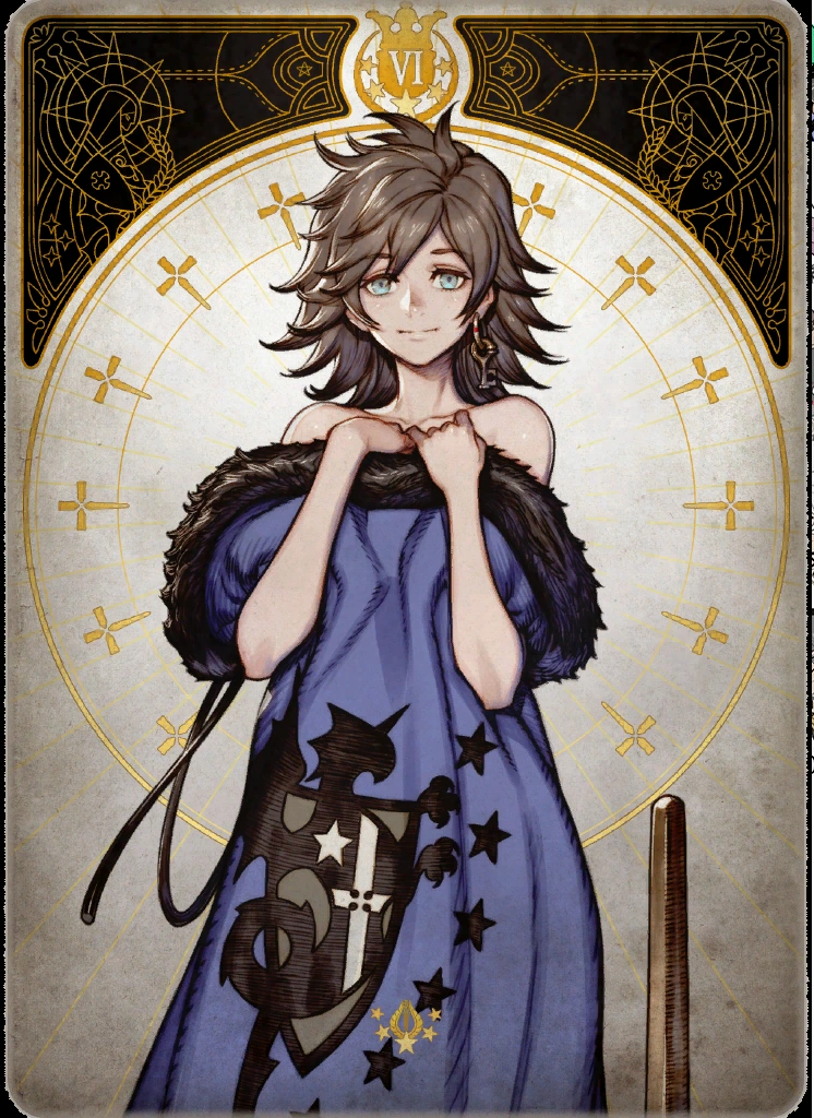 this is an ornate drawing styled like a tarot card, depicting a young woman with medium length, slightly wavy hair.  she is wearing a long blue dress or robe with a fur collar and a heraldic emblem featuring a unicorn. she is holding the collar of her robe closed demurely. the background is decorated with mystical and ornate patterns, crosses, and a large circle. the roman numeral vi is at the top, potentially identifying it as the lovers card in a tarot deck. the overall color scheme is muted, with cool blues, greys, and browns.