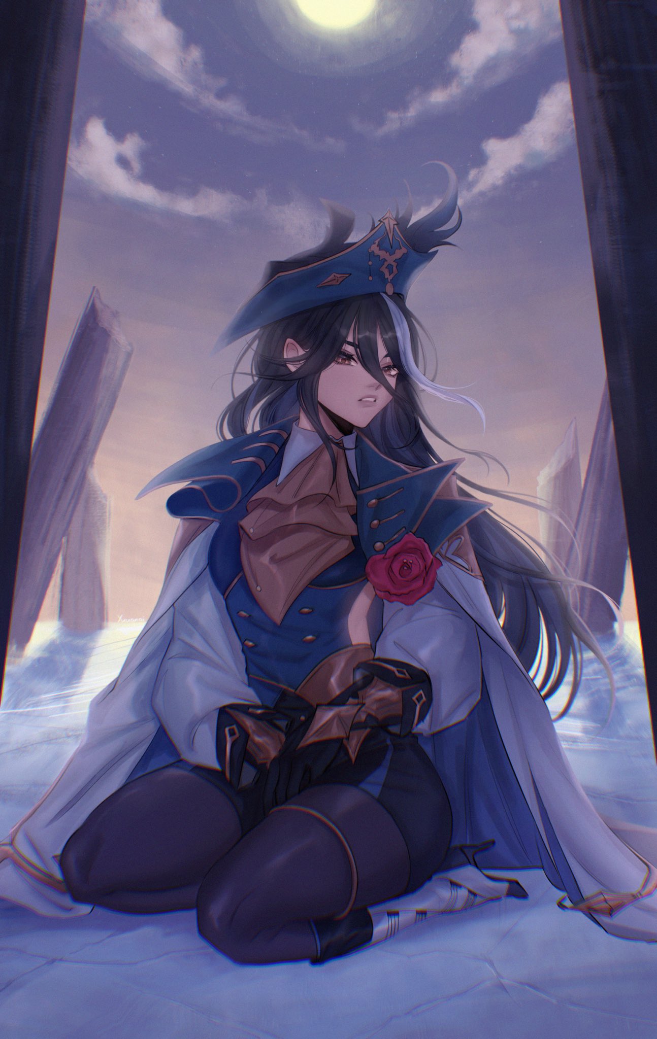 an anime girl with long black hair is sitting on a patch of ice. she is wearing a white and blue outfit with a hat, gloves, and boots. she has a rose pinned to her chest. the sky is blue with white clouds and a moon is visible in the distance. the girl is looking off to the side.