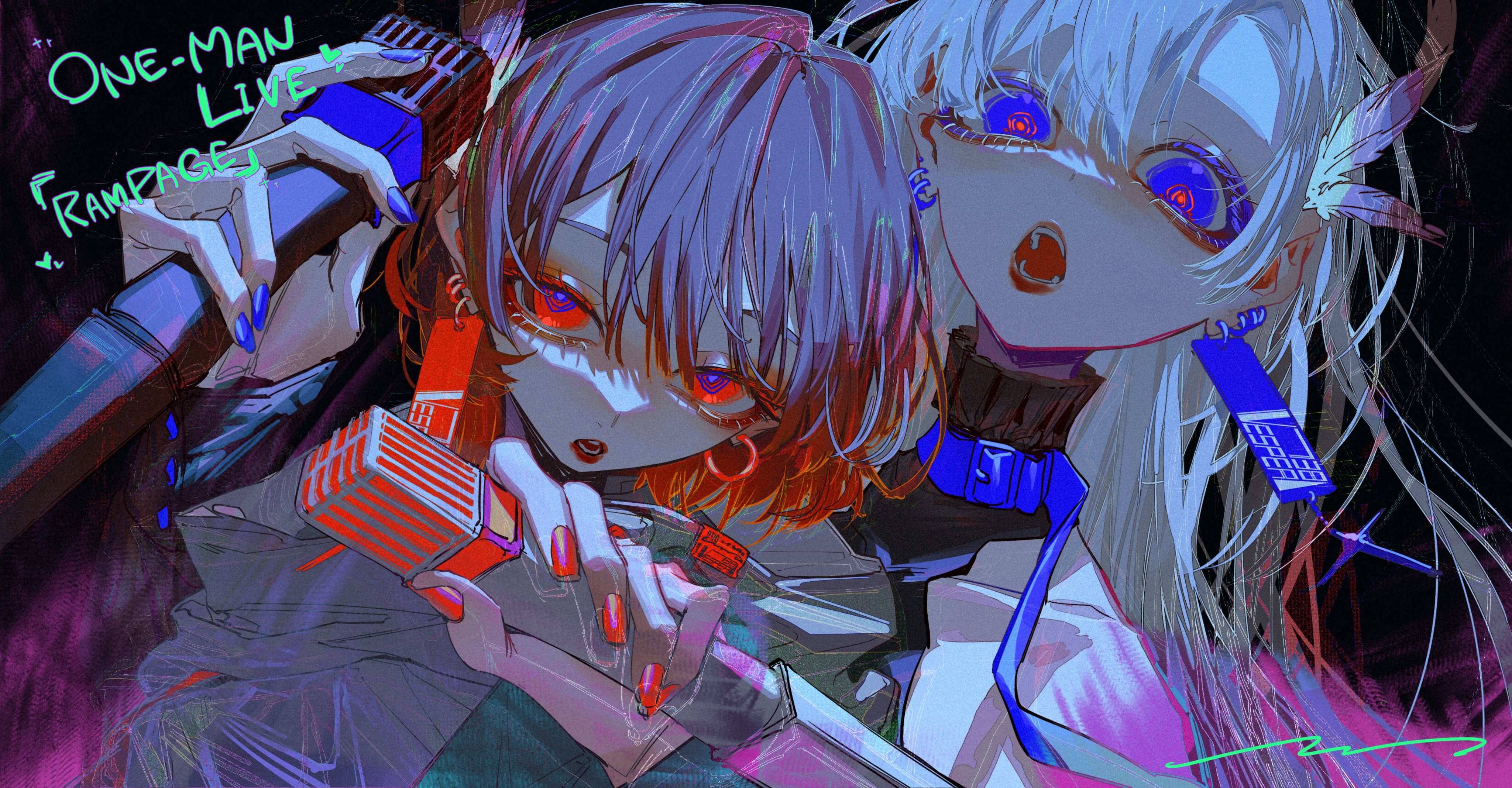 two anime girls are singing on stage, one is holding a microphone and the other has headphones on. they are in bright vibrant neon colors. the stage is full of neon lights.  this is a oneman live performance.