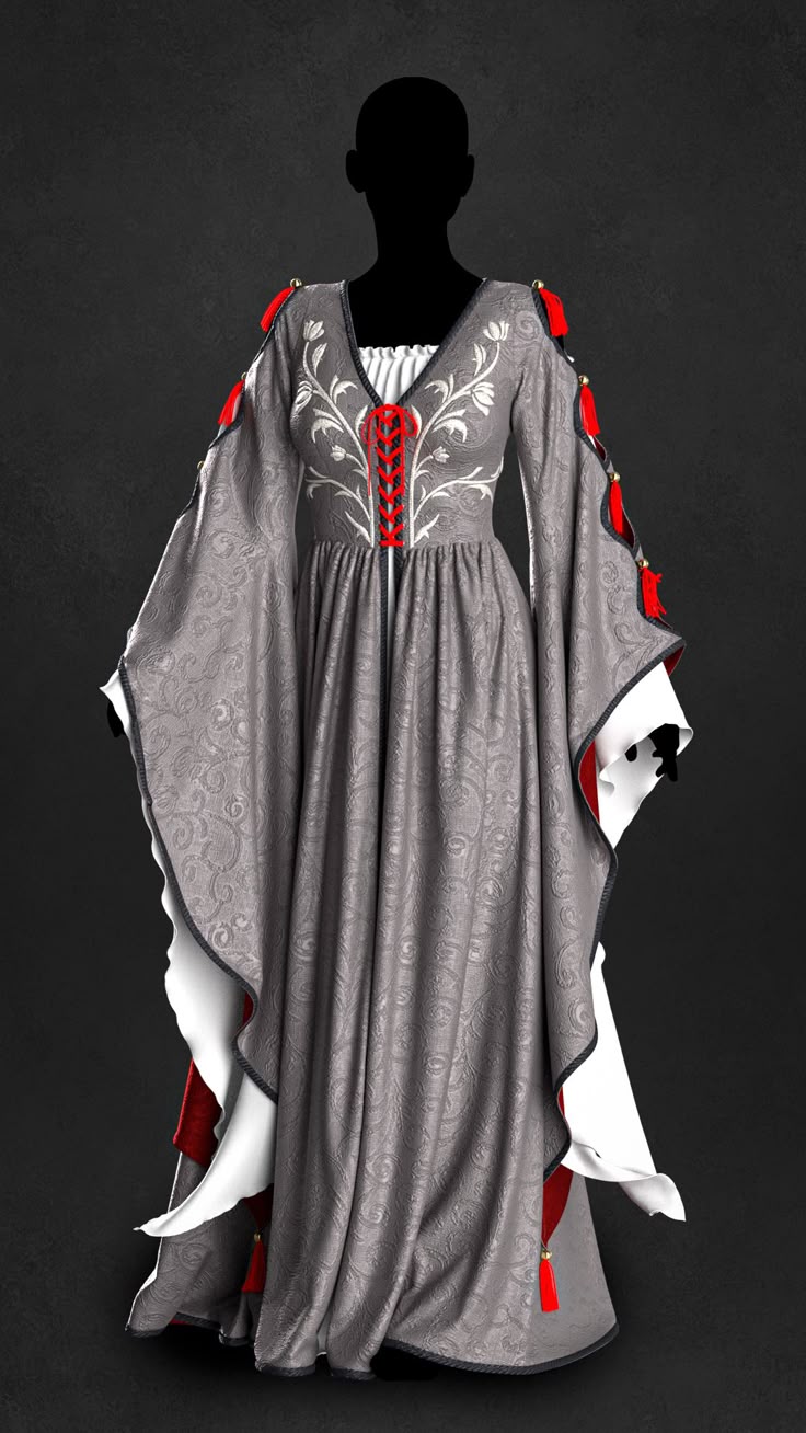 a long, grey renaissancestyle gown is displayed on a headless mannequin. the dress features red lacing down the bodice with white floral embroidery around it. the sleeves are long and flowing with red and white accents and tassels at the shoulders and wrists. the dress is floorlength and has a subtle floral pattern woven into the grey fabric. the background is a dark grey.