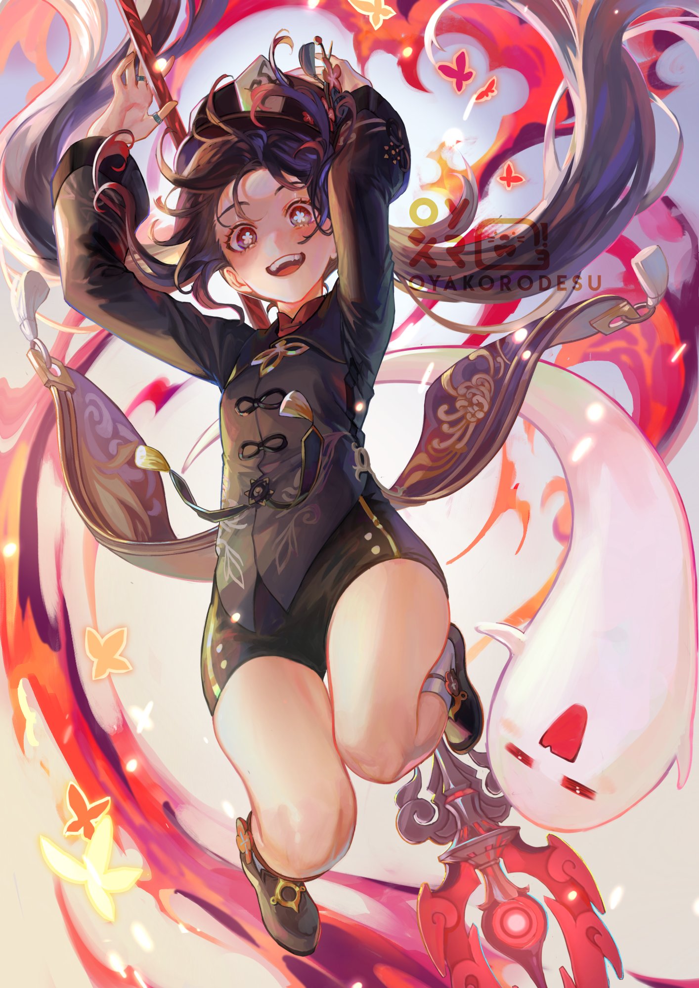 the image is a vibrant digital illustration featuring an animestyle female character. she is depicted in a dynamic pose, midair with her arms outstretched, as if she is about to cast a magical spell. the character has long, flowing purple hair and wears a black and gold outfit with traditional chineseinspired details.  she is wielding a  long, slender  weapon with a red gem at the end.  the  image is set against a colorful and abstract background, with  swirling red and pink clouds and  sparkling butterflies scattered throughout the scene.  the overall feel of the image is magical and whimsical, suggesting a fantastical world filled with  adventure and wonder. the  character's bright and cheerful expression suggests that she is full of  energy and enthusiasm, ready to  face any challenge.  the image is full of  life and movement, capturing the  character's playful and spirited personality.