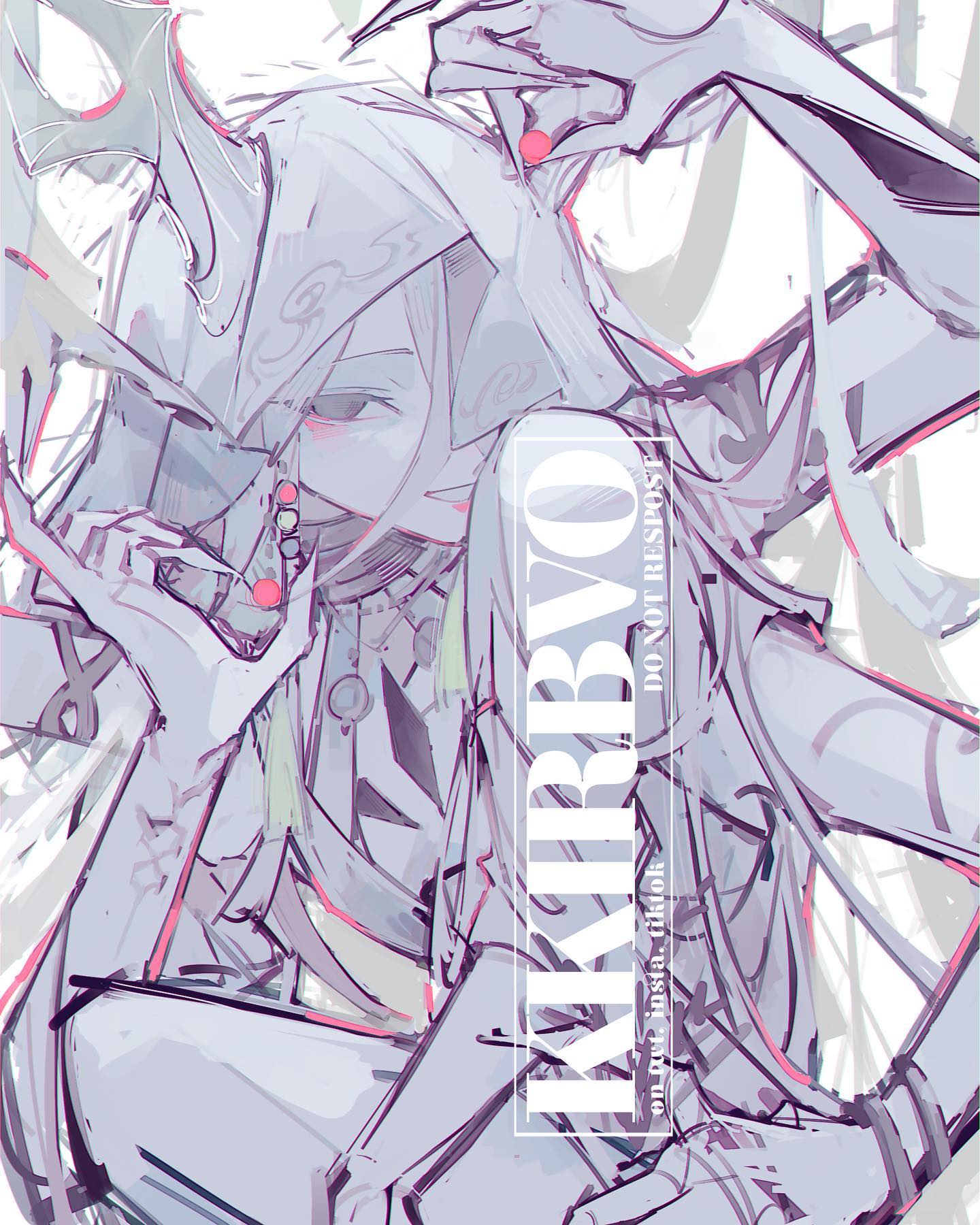 the image is a digital artwork featuring a stylized female anime character.  the character is depicted in a complex and intricate pose, with flowing, almost abstract lines forming her clothing and features.  her design incorporates elements suggestive of both futuristic and fantasy elements, possibly hinting at a mecha or robotic aesthetic.  the color palette is predominantly pastel shades of purple, pink, and grey. the overall style is highly stylized, with an emphasis on line work and less focus on realistic rendering. the artist's name "karrvo" and a "do not respost" watermark are visible within the artwork. the character's expression is somewhat obscured, adding to the mysterious ambiance of the piece.
