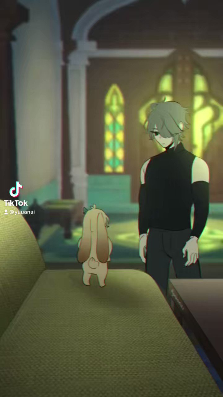 this is a digital illustration of an anime character, a man with black hair, standing in a room with a window behind him. he is looking at a small bunny that is standing on the couch in front of him. the couch is green. there is a table in the room as well.
